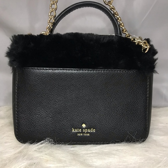 NWT Kate Spade Black Faux Fur Handle Crossbody Bag w/ Crystal Embellishments - Picture 11 of 16